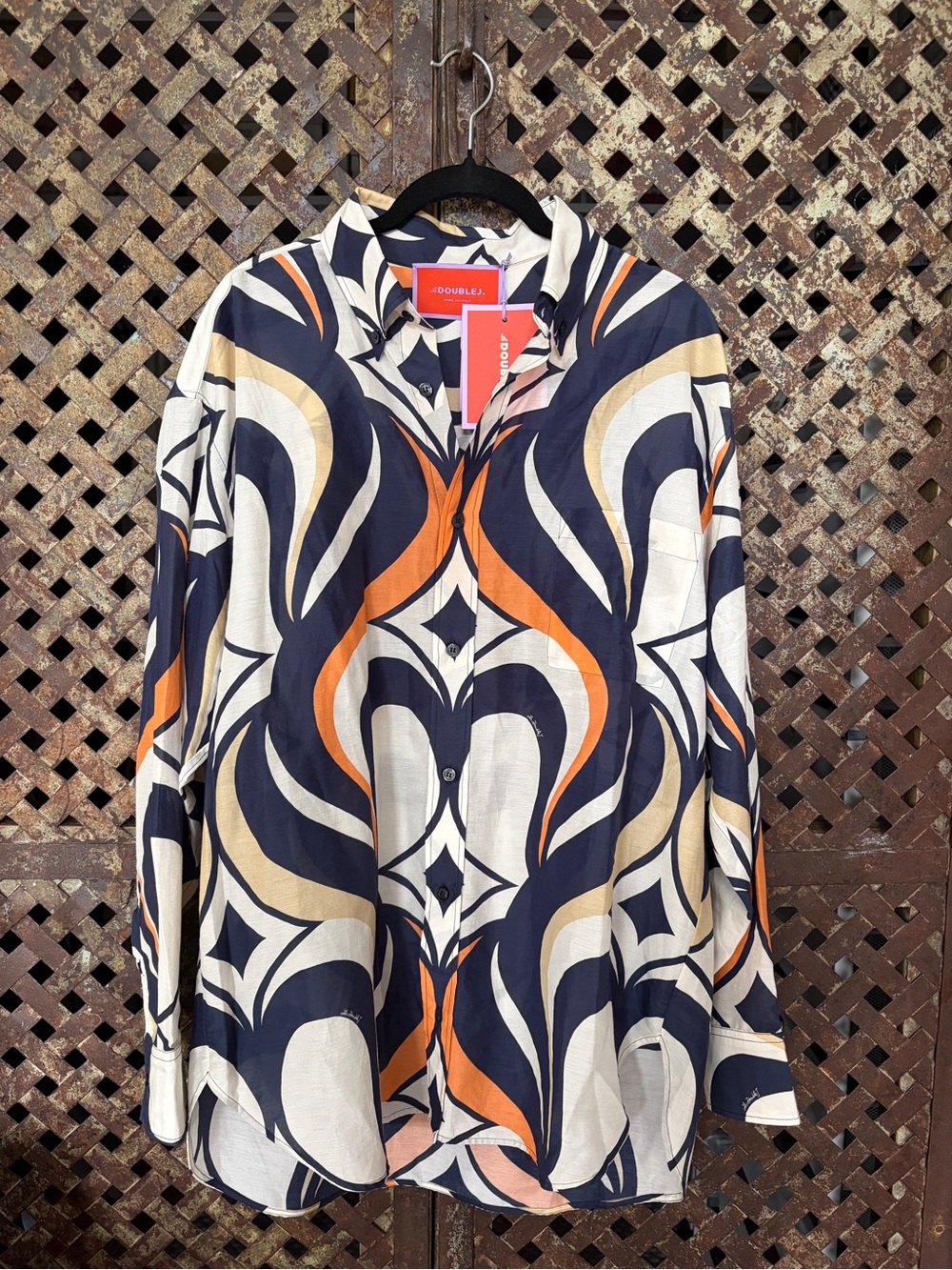 LA DoubleJ Navy, Orange & Cream Abstract-Print Button-Down Shirt